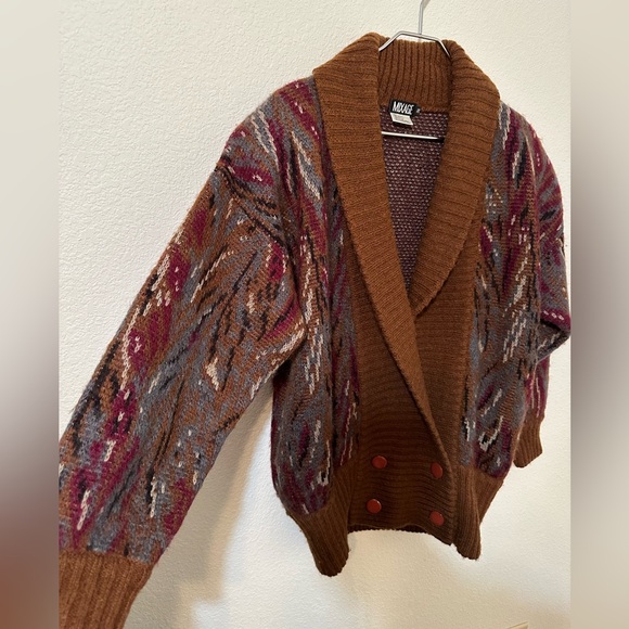🧥 VINTAGE 🧥 MIXAGE Mohair Wool Button Sweater Brown Pattern Double-Breasted - Picture 6 of 13